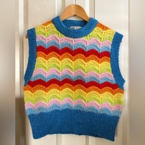 Zara Scalloped Knit Crochet Rainbow Multicolor Sweater Vest Crew Neck Size M